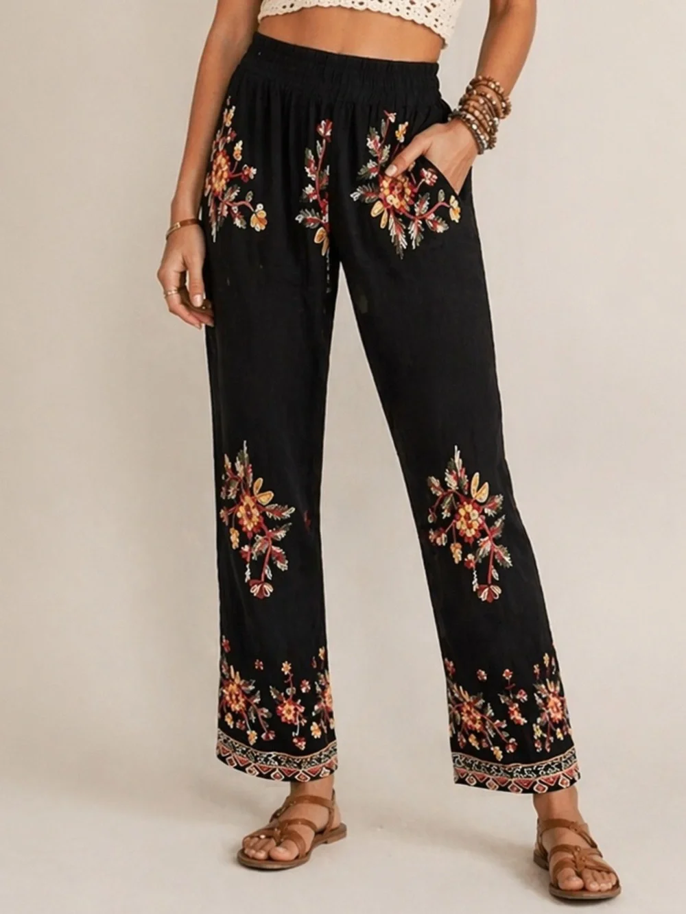 LIV Los Angeles Embroidered Boho Pants Black Floral Wide Leg Rayon Size L - Picture 1 of 7